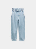 Elevated-rise, loose-fitting paperbag jeans with a high waist.