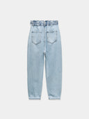 Elevated-rise, loose-fitting paperbag jeans with a high waist.