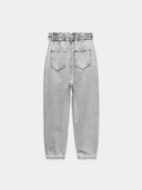 Elevated-rise, loose-fitting paperbag jeans with a high waist.