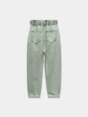 Elevated-rise, loose-fitting paperbag jeans with a high waist.
